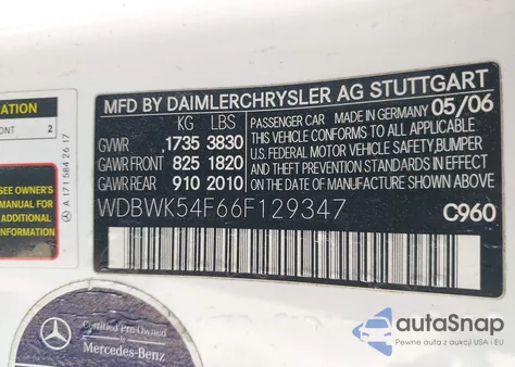 2006 Mercedes-Benz Slk 280 z USA, uszkodzony, nr VIN WDBWK54F66F129347